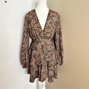 John Zack Leopard Print Skater Dress  Plunge Neck  Belted  UK Made  Size 10